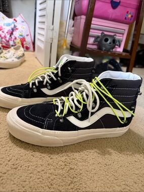 Vans Black & White High-Top Sneakers with Neon Yellow Laces